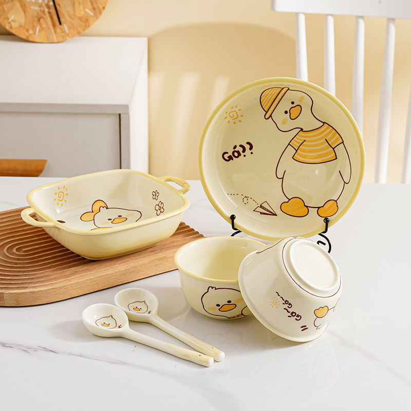 黄小鸭网红碗盘餐具家用饭碗汤碗陶瓷碗勺套装双耳汤碗米饭碗可爱