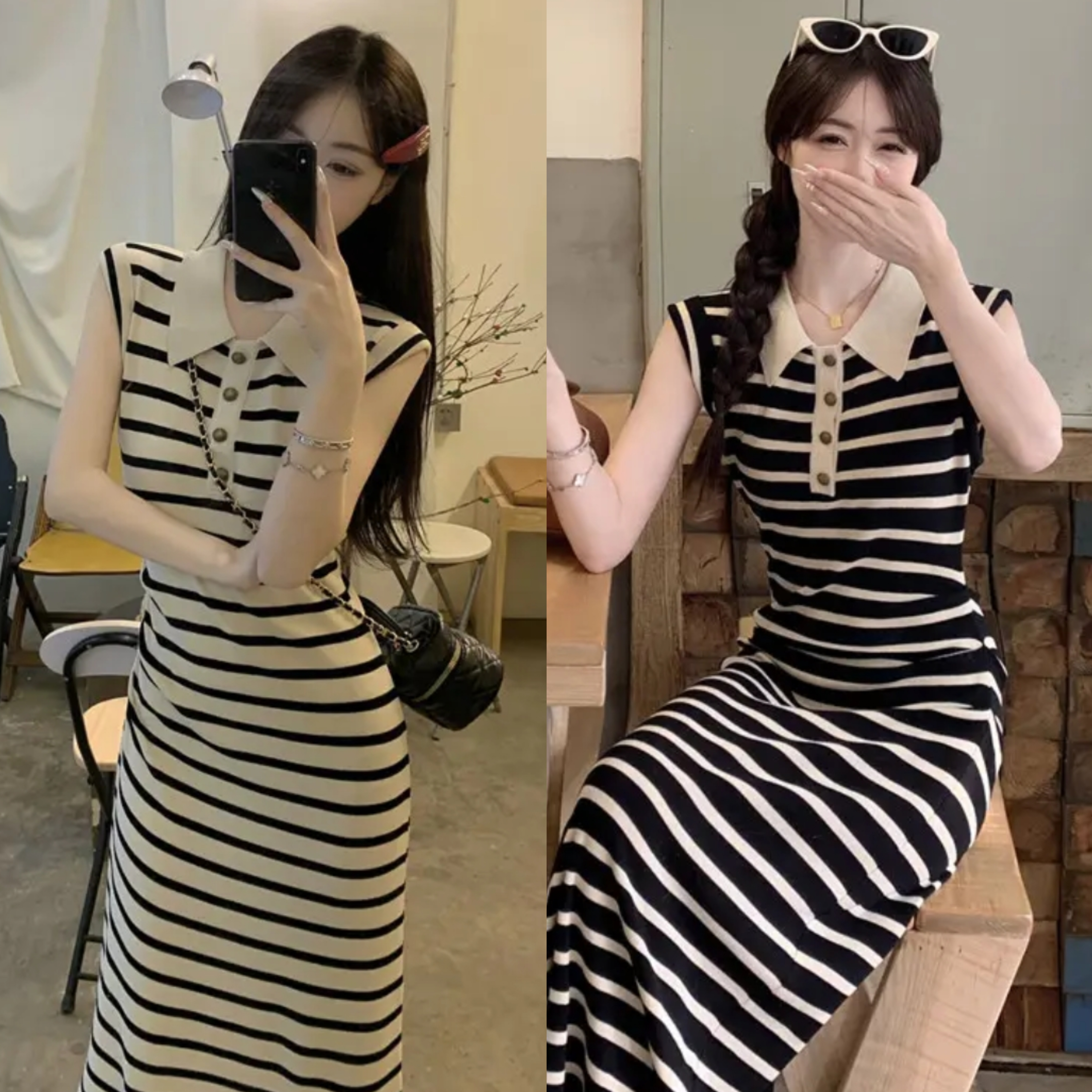 裙子女款爆款夏季轻奢polo领法式复古条纹褶皱百搭连衣裙打底衫