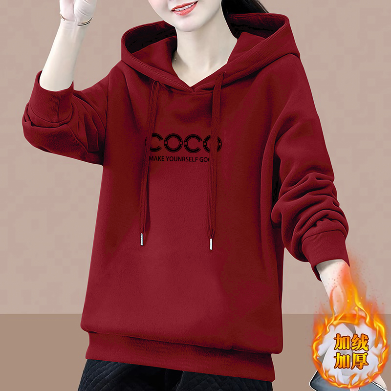 连帽卫衣女春秋冬季中年妈妈洋气减龄40岁50长袖加绒加厚上衣外套