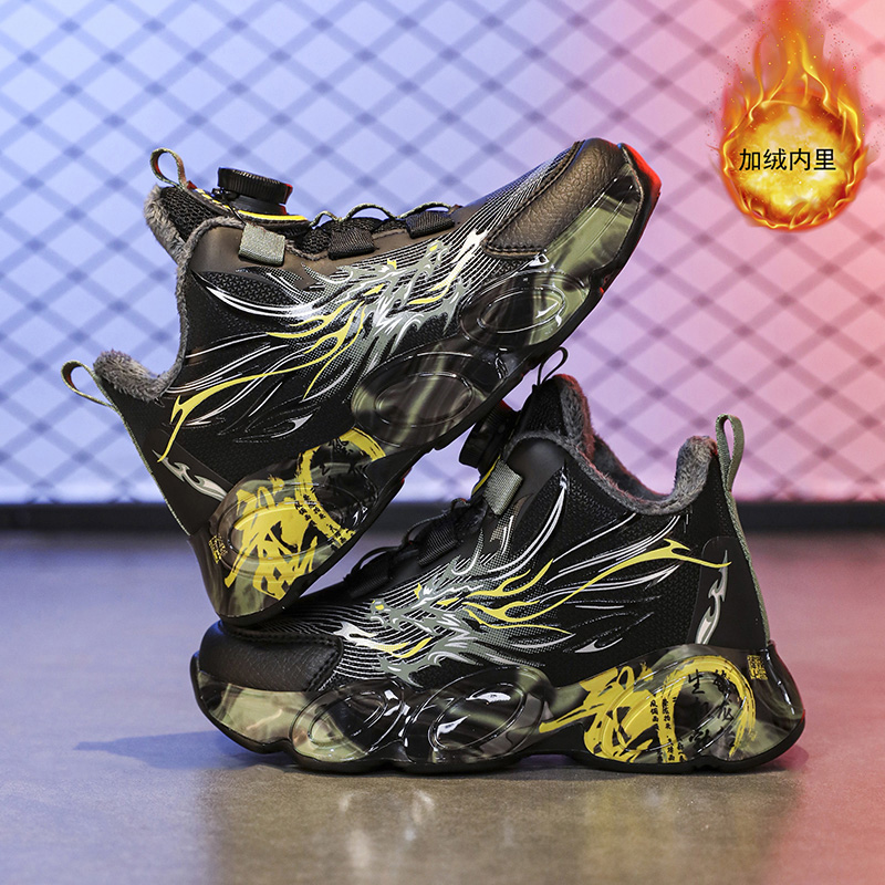 秋冬季男孩运动篮球鞋学生加绒加厚保暖运动鞋皮面棉鞋男孩跑步鞋