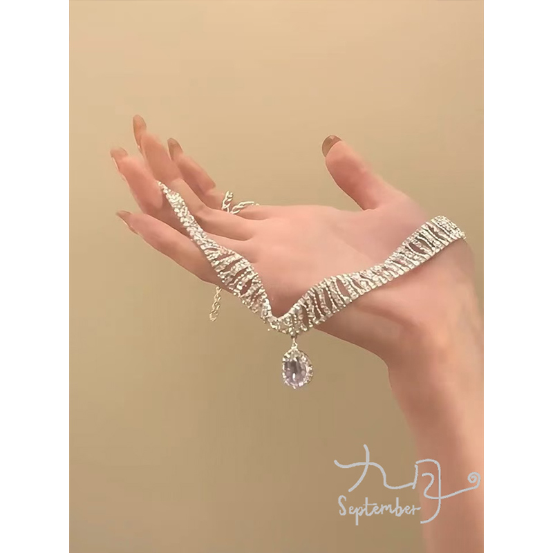 铜合金合成锆石项链 锆石水滴吊坠颈链choker女颈带轻奢小众项链