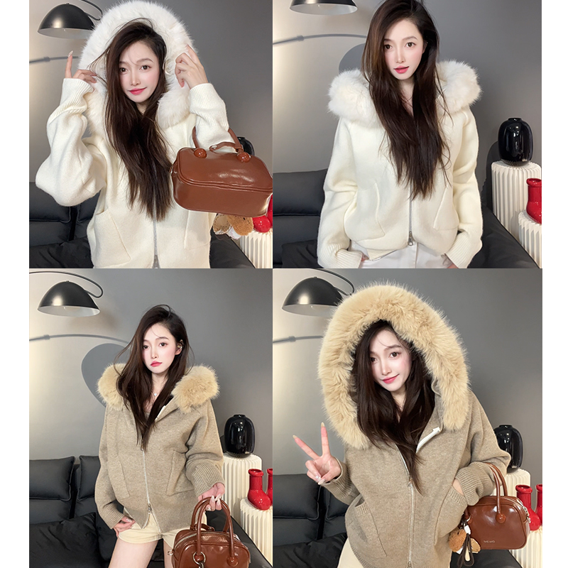 【厂家直发】大毛领连帽针织上衣气质美拉德穿搭针织宽松时尚开衫女