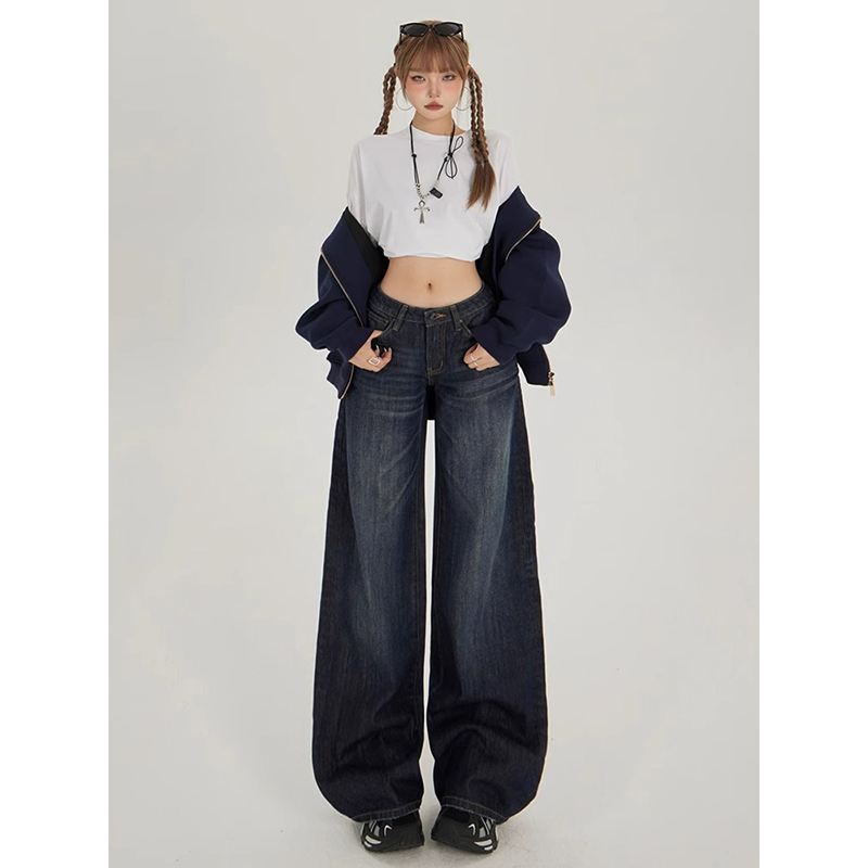 NORNLGGER2024春秋美式复古深蓝直筒牛仔裤女宽松阔腿牛仔裤女