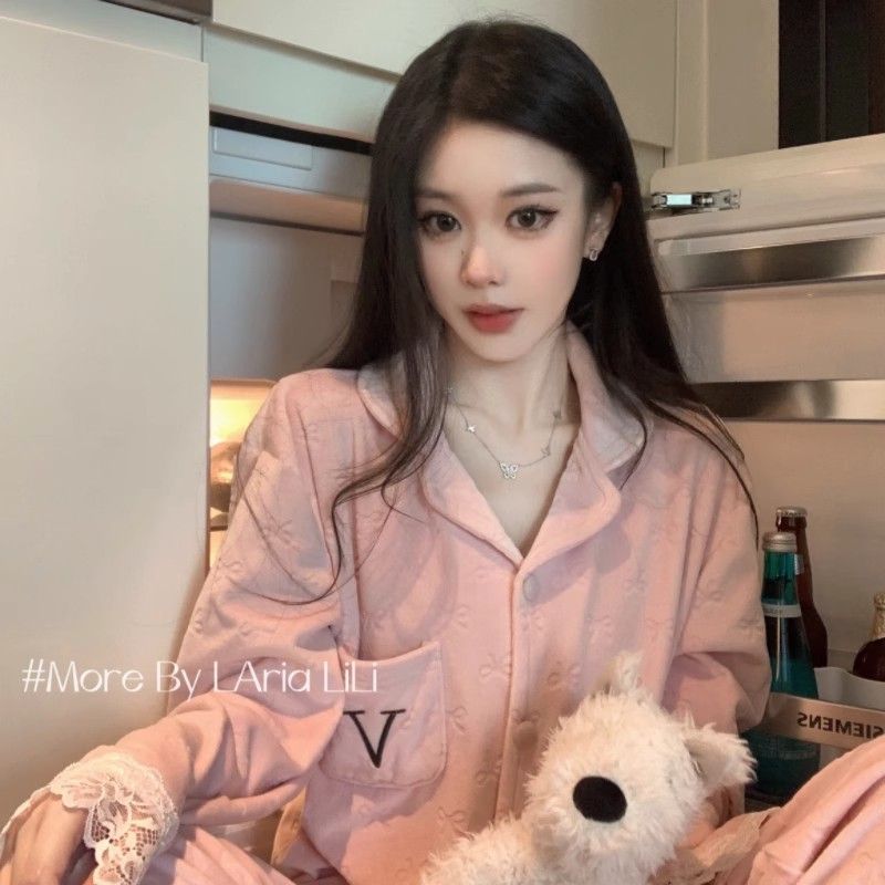 睡衣女秋冬季网红长袖加绒海岛绒高级感粉色甜美女士家居服女款