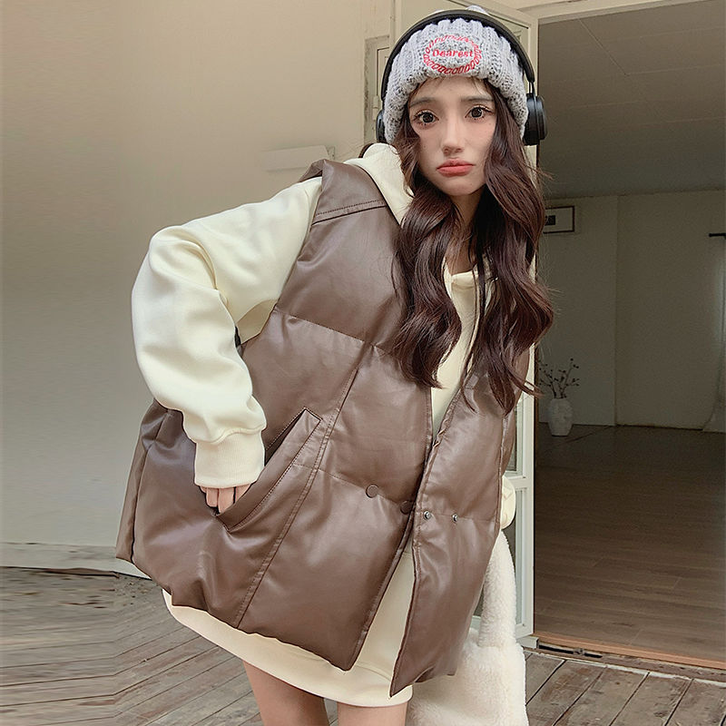 韩版美拉德ins免洗皮马甲女秋冬新款时尚V领宽松显瘦炸街潮流棉服