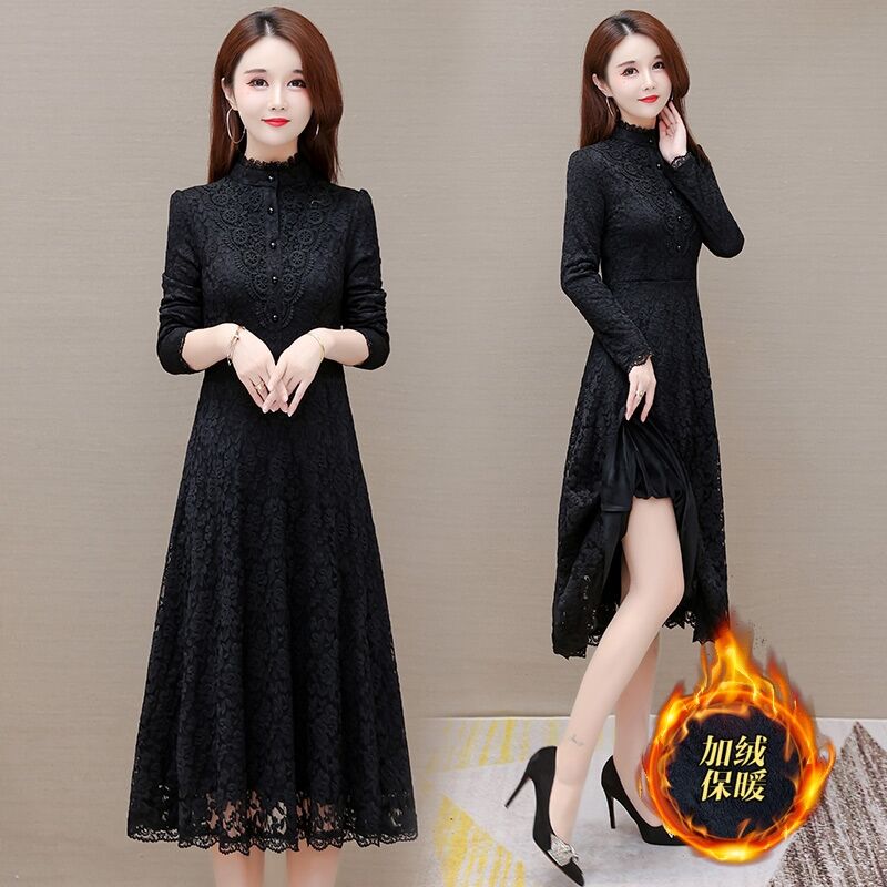 加绒立领蕾丝连衣裙长袖冬季小个子大码遮肚显瘦中长款过膝打底裙