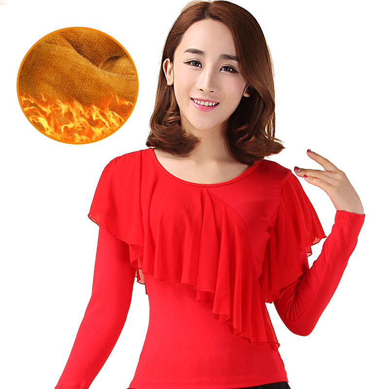 秋冬广场舞服装加绒棉网纱荷叶长袖上衣练习表演拉丁舞蹈服跳舞服