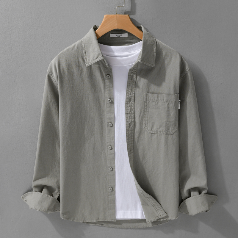 9588春秋纯棉日系复古休闲长袖衬衫男士宽松斜纹布百搭男衬衣外套