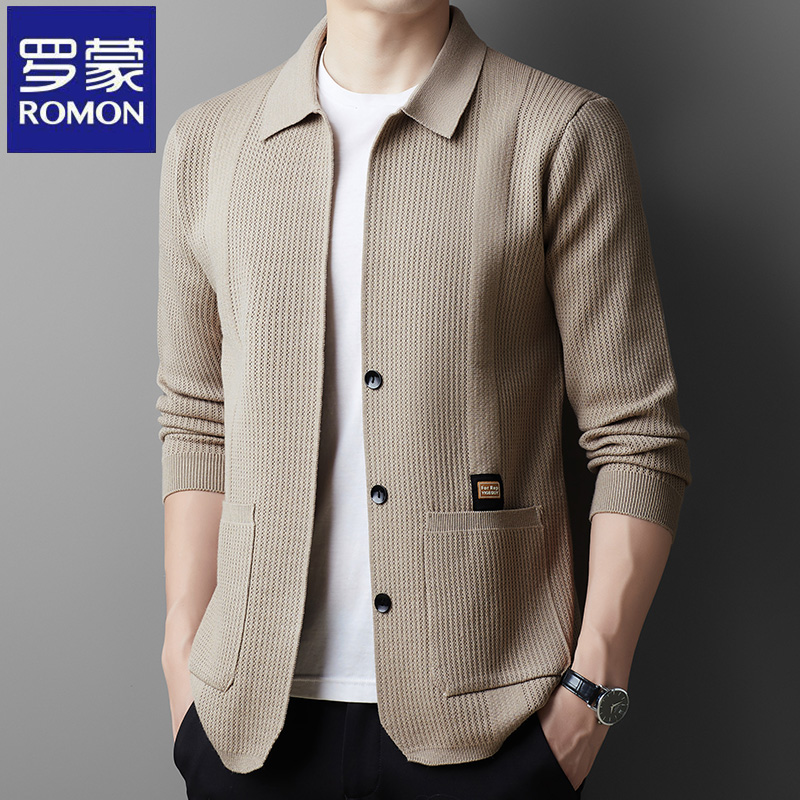罗蒙春秋季百搭针织开衫男士商务休闲纯色翻领外穿毛衣休闲上衣潮