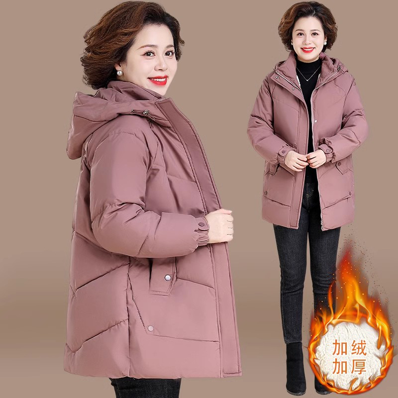 加绒加厚大码棉袄中长款妈妈棉服40岁50岁中老年冬季女士外套