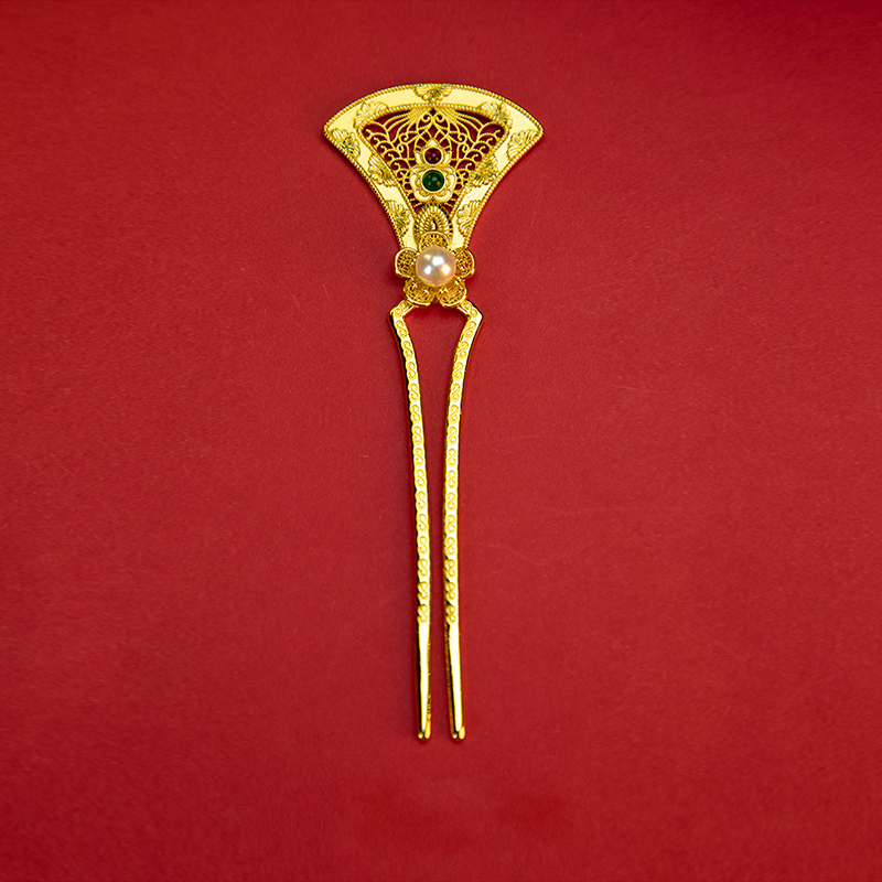 铜镀金红绿宝镶嵌花丝扇形发簪发钗古风
