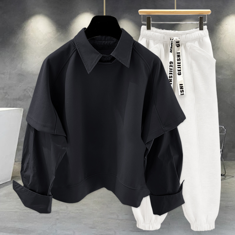 潮牌男装套装秋季新款时尚潮流假两件长袖翻领卫衣搭配休闲工装裤