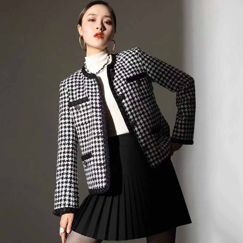 商场同款品牌女装2024春秋新款修身气质千鸟格小香风短外套女