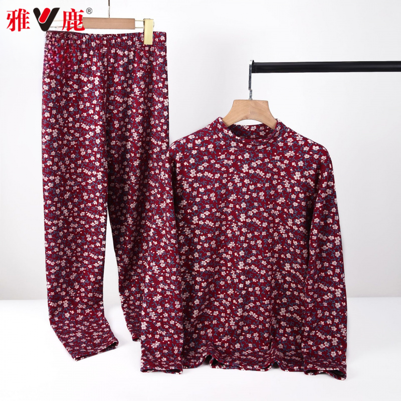 雅鹿新款中领印花保暖套装大码中老年秋衣秋裤宽松舒适秋冬保暖妈