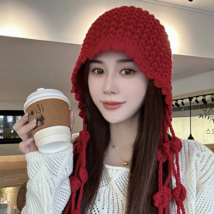 网红【手工款流苏球球帽】民族风手工针织保暖护耳包头毛线帽帽子