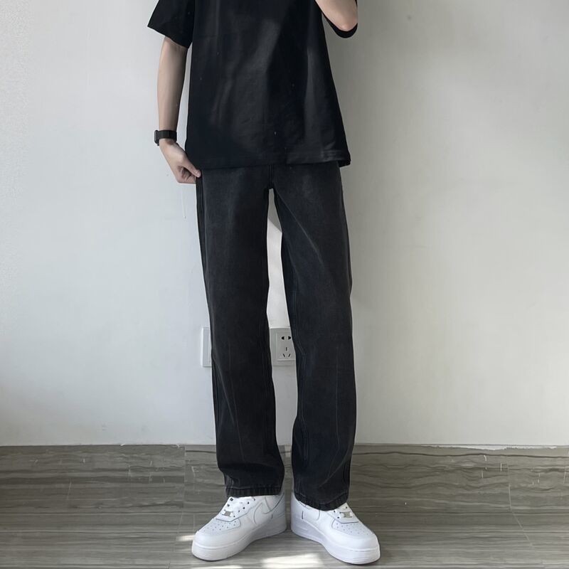 朔上黑色高街牛仔裤男款新款韩版阔腿裤休闲裤直筒美式复古百搭