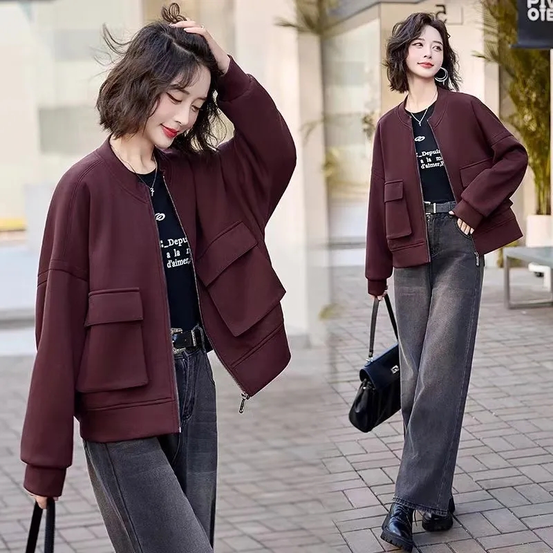 安可拉红休闲百搭立领外套女短款2024春秋季时尚宽松显瘦开衫卫衣