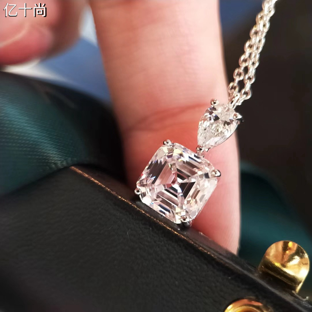 坠链均925银合成锆石 亿十尚水滴方白赚高档项链耳环轻奢时尚洋气