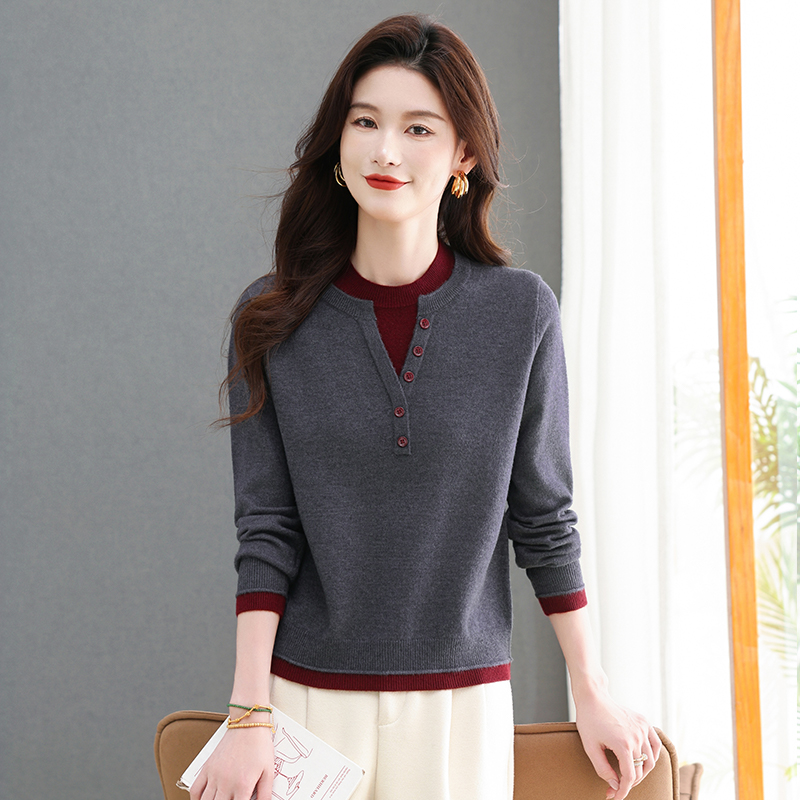 设计感假两件针织打底衫女秋冬2025新款女装内搭剪刀领毛衣显瘦