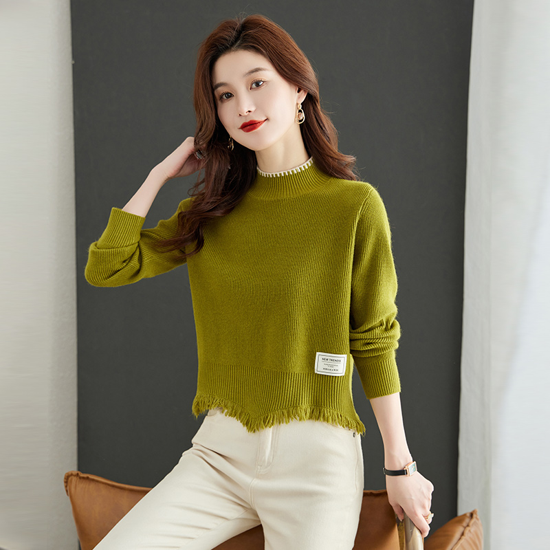 半高领流苏毛衣女士短款2025秋冬新款不规则打底衫高腰小个子上衣