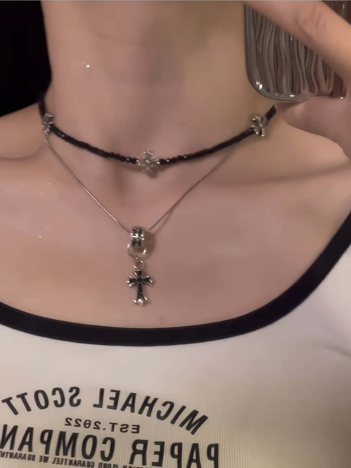 钛钢仿水晶项链 辣妹十字架叠戴项链女小众锁骨链颈链choker