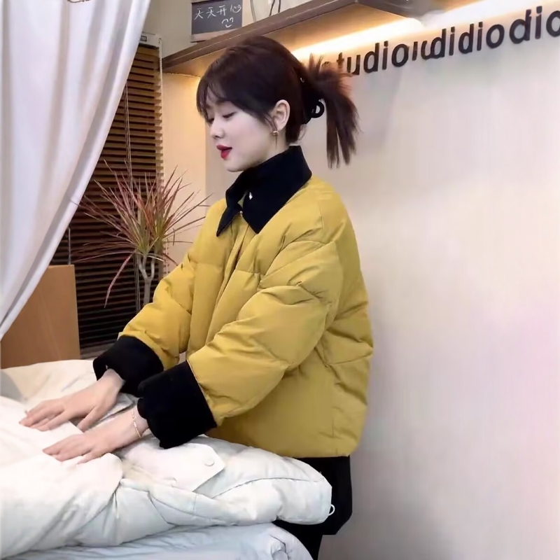 设计感撞色拼接翻领棉服外套女士冬季新款爆款时尚减龄棉衣面包服