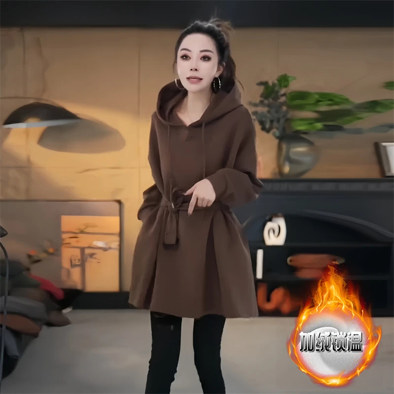 复古连帽卫衣女2025新款冬季系带收腰显瘦加绒外套保暖中长款上衣