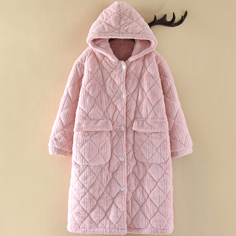 睡袍女冬季女款珊瑚绒三层夹棉加绒加厚连帽加长款睡衣加大码长袍