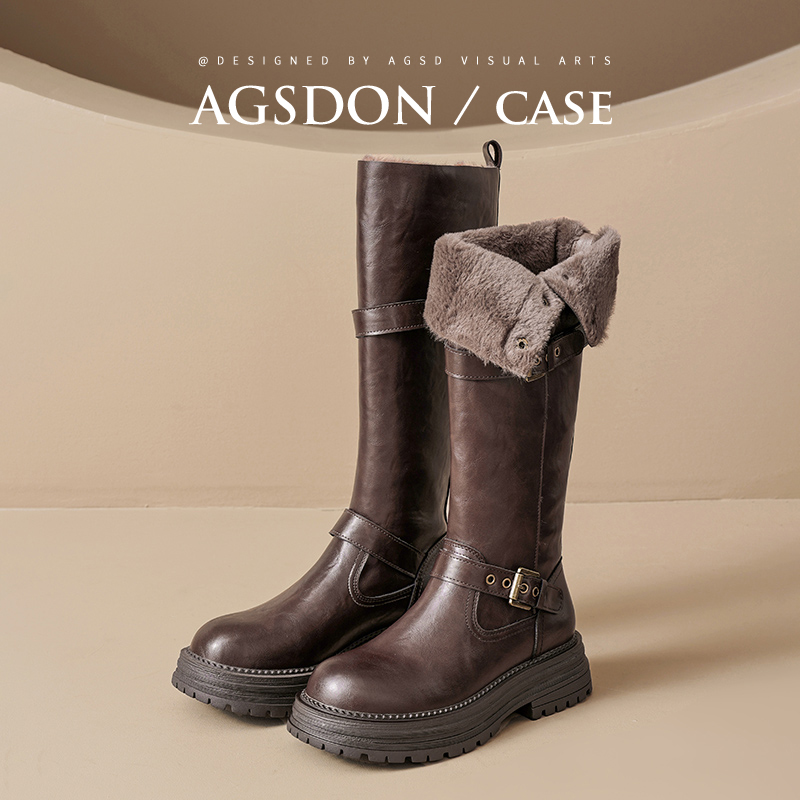 奥古狮登长筒靴子女秋冬2025新款爆款洋气高筒厚底加绒骑士长靴子