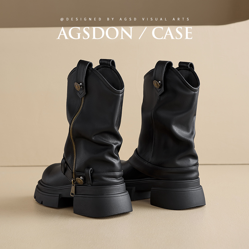 奥古狮登加绒短靴女2024新款秋冬厚底雪地靴马丁靴中筒裤管堆堆靴