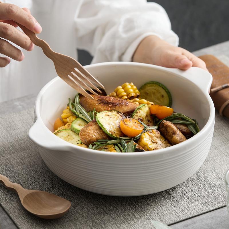 2024大号条纹家用双耳汤碗大汤碗菜碗高级感陶瓷碗饭碗大碗沙拉碗