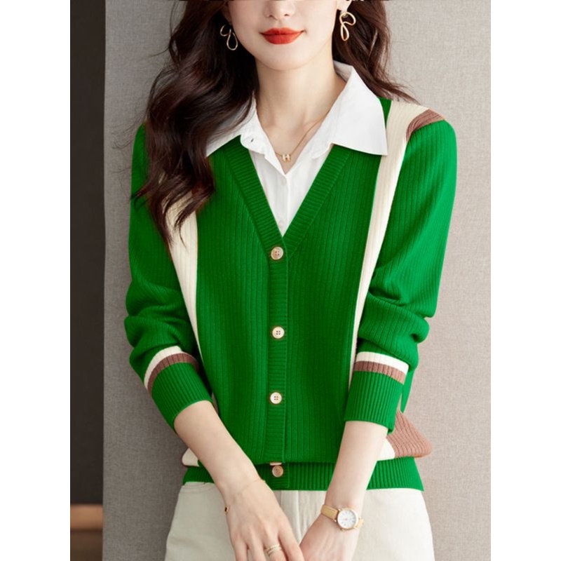 大码女装衬衫领撞色针织上衣女秋冬洋气减龄假两件毛衣显瘦打底衫