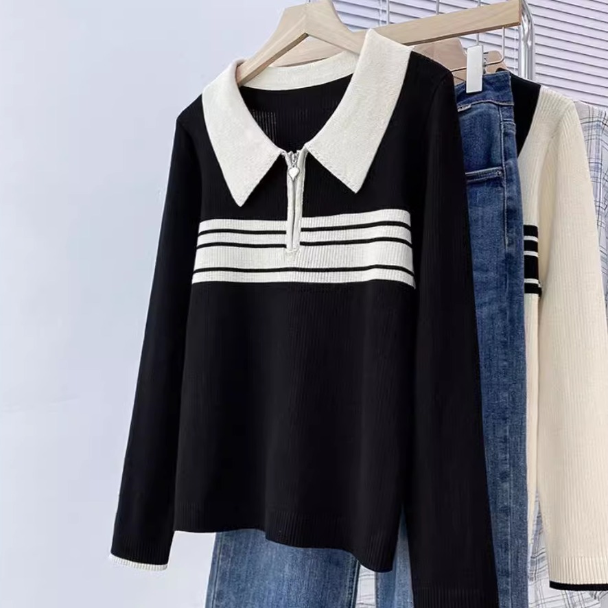 拉链条纹POLO领胖MM长袖针织衫内搭打底衫秋大码遮肚毛衣上衣百搭
