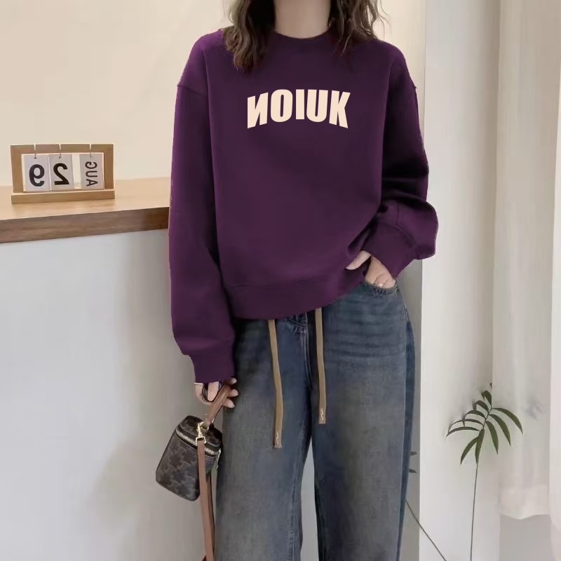 圆领卫衣女士秋冬季2025新款宽松大码胖mm加绒加厚上衣潮休闲外套