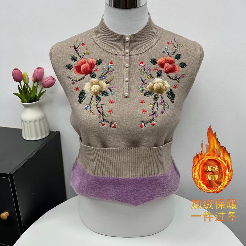 妈妈装中老年人一体绒毛衣女宽松保暖上衣加绒加厚刺绣针织打底衫