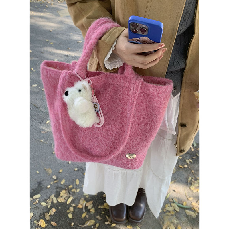 秋冬毛呢大容量包包女2025新款学院风手提托特包百搭单肩毛绒包