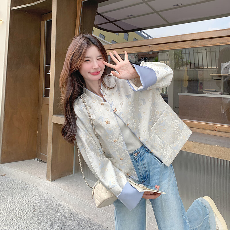 新中式国风缎面印花拼接外套女2025秋季新款时尚减龄短款夹克上衣