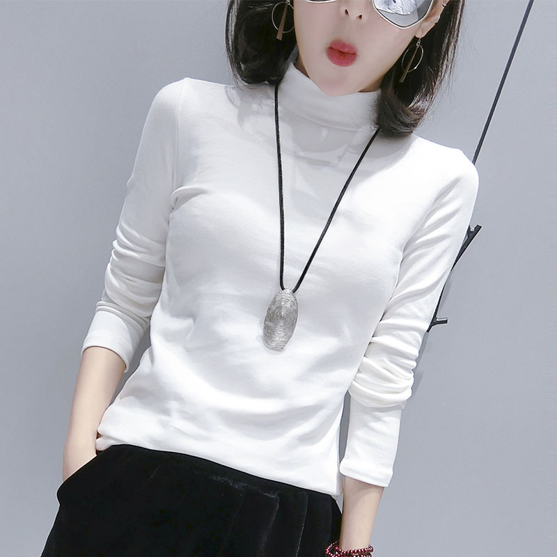 白色纯棉打底衫女内搭西装春秋冬季磨毛半高领修身长袖T恤上衣服