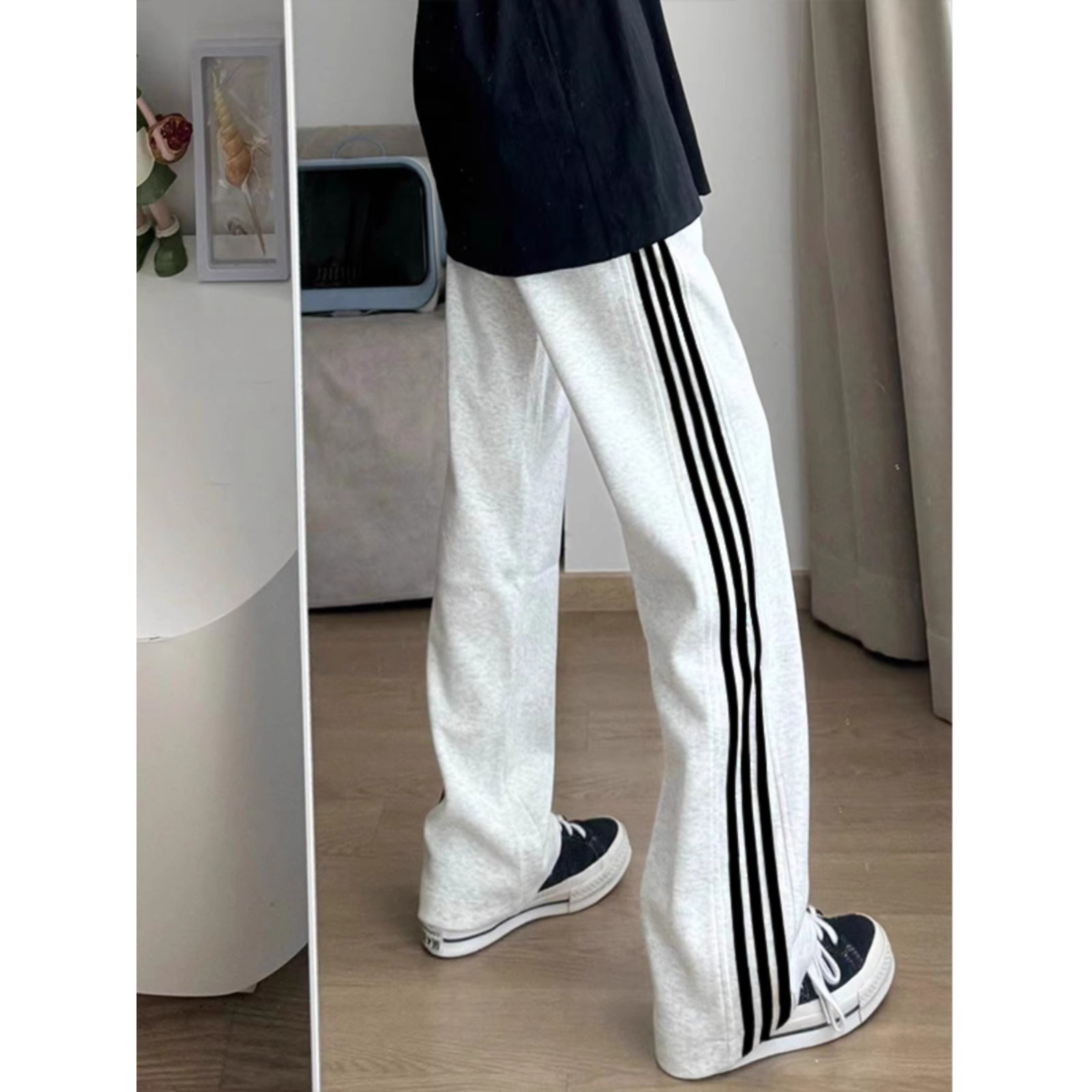 白花灰三条杠重磅巴黎休闲卫裤男款春秋美式潮牌宽松直筒运动裤子