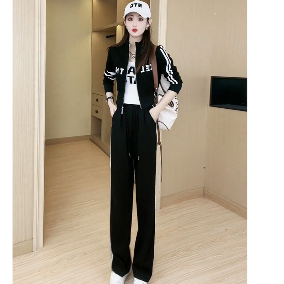 气质时尚休闲运动立领套装秋季女小香风显瘦网红黑色长袖两件套