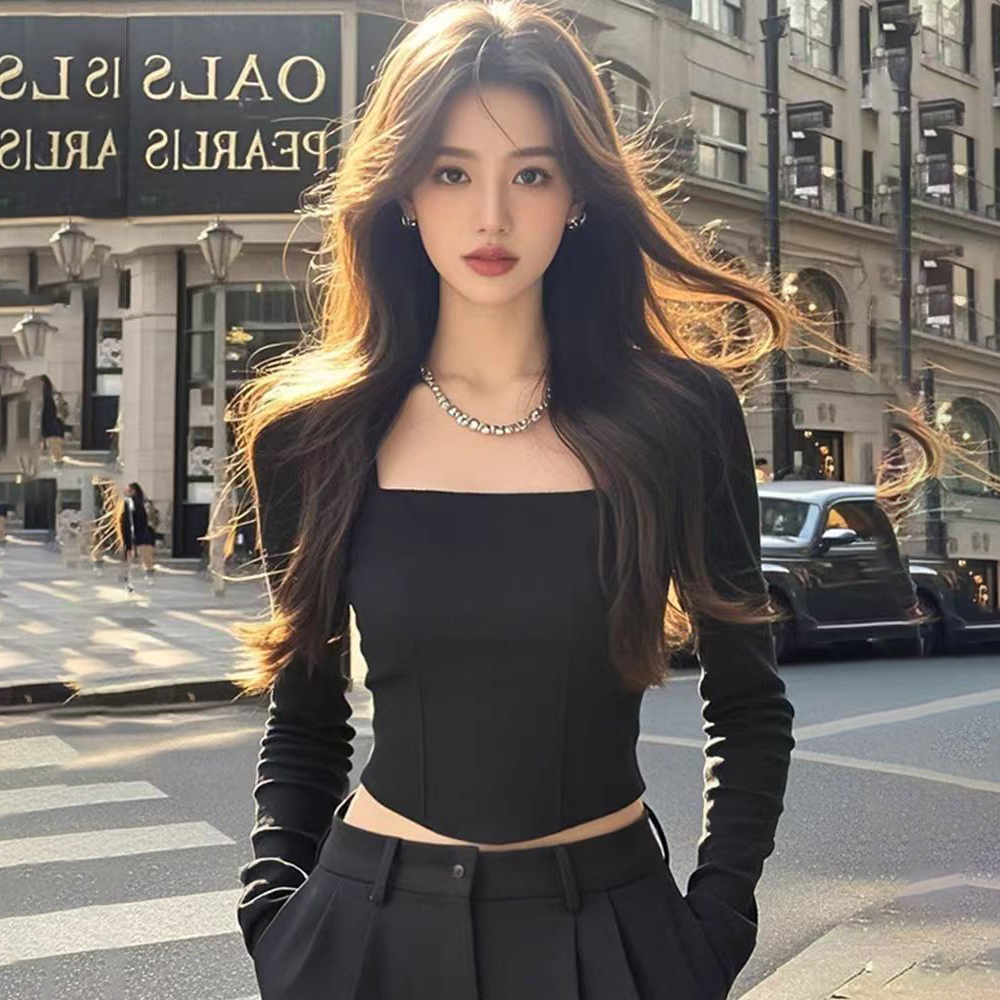秋冬别致甜辣妹修身正肩长袖方领打底衫女内搭设计感高腰短款上衣