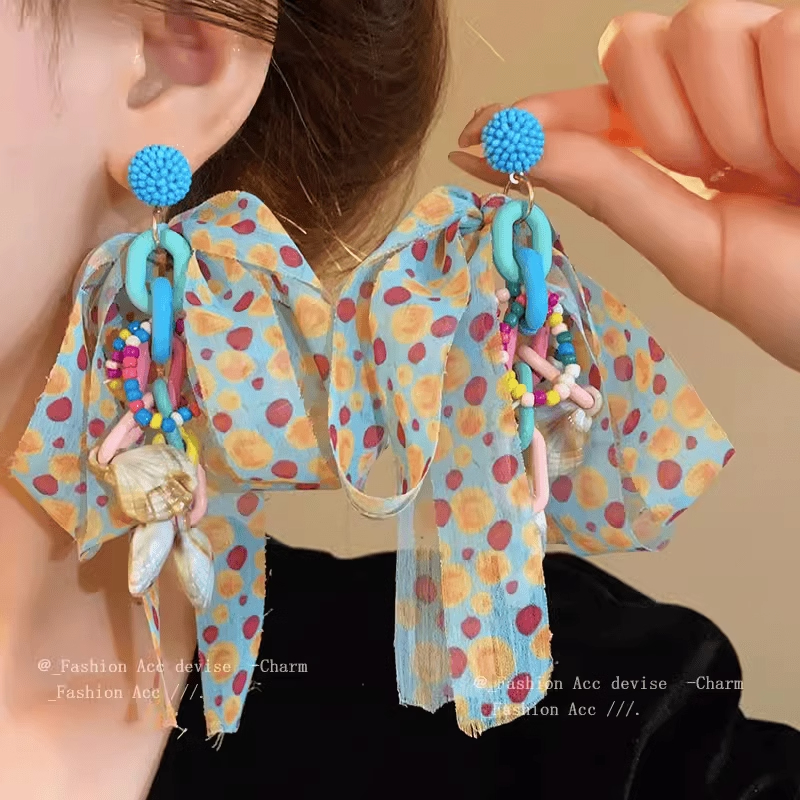 合金布艺耳饰 布艺蝴蝶结米珠耳环个性小清新度假风时尚感耳坠女