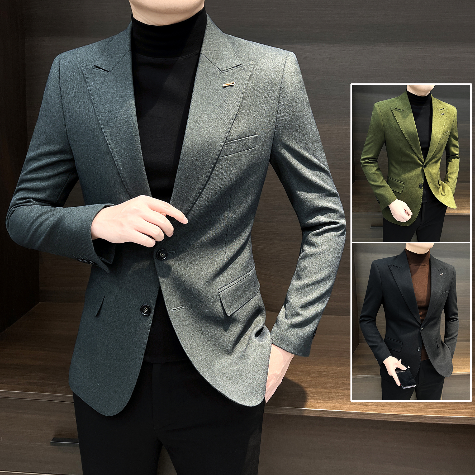 戗驳领休闲西装外套男款秋冬英伦雅痞风格男装时尚帅气修身小西服