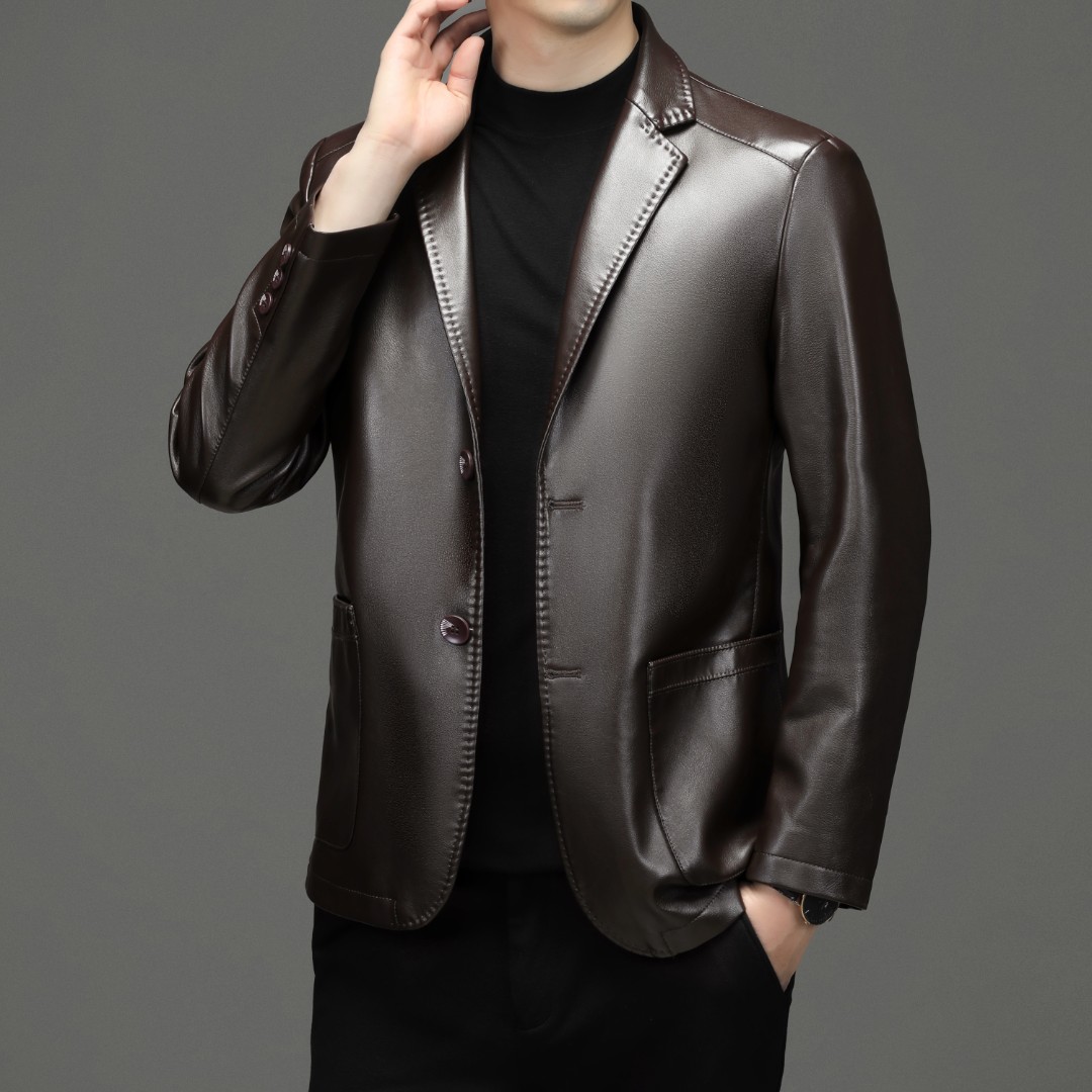 【臻品】海宁男士2025秋冬新款休闲商务皮夹克西服通用帅气外套H