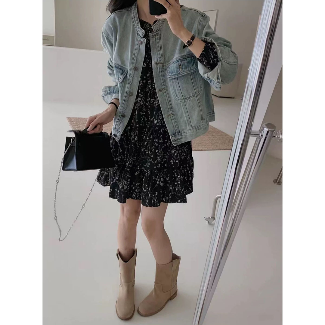 女装碎花连衣裙春秋牛仔外套盐甜系黑色时尚气质显瘦长袖网红套装