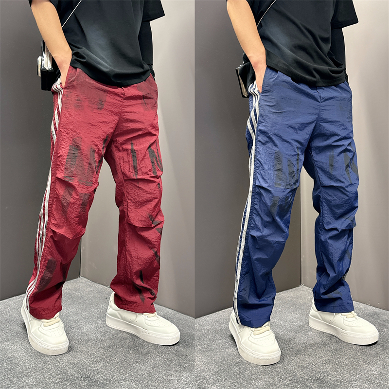 夏季新款渐变脏脏三条杠休闲裤美式高街复古速干宽松直筒男士长裤