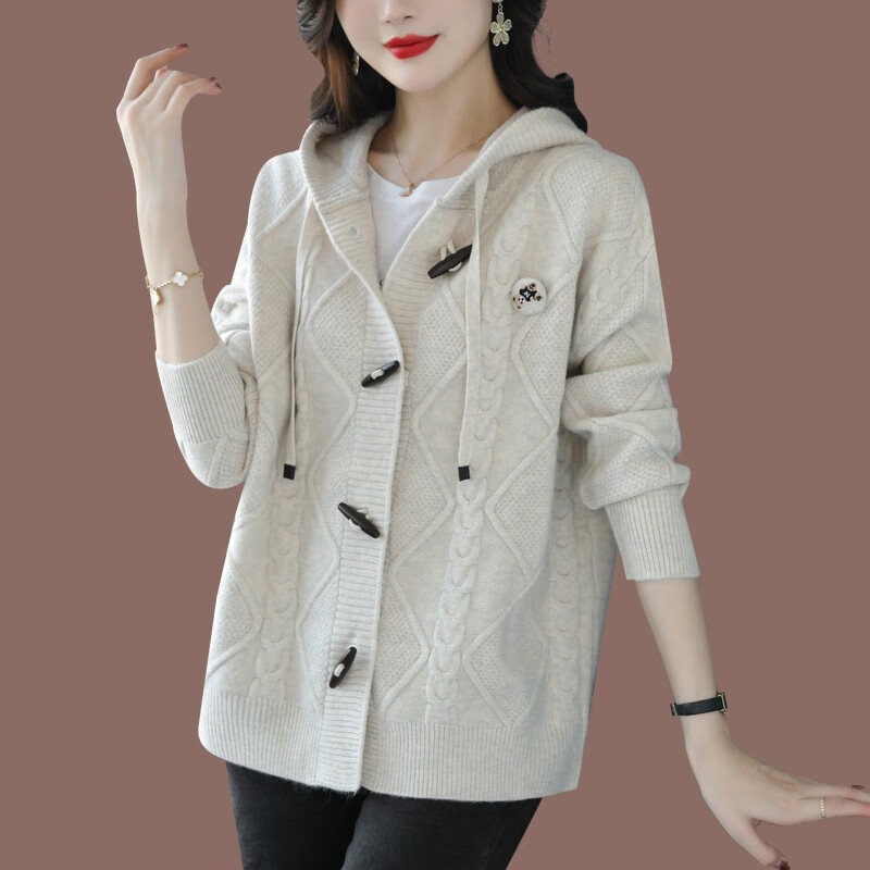 连帽毛衣外套女春秋2024新款宽松针织开衫披肩