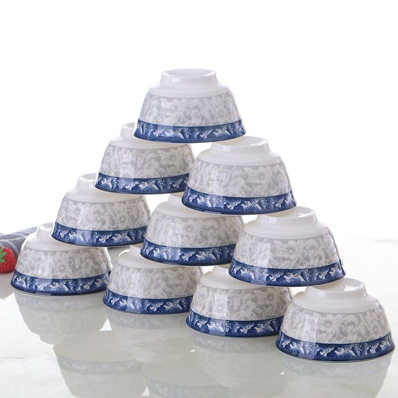 青花瓷10只陶瓷碗釉下彩4.8英寸米饭碗吃饭碗家用面碗可微波炉碗