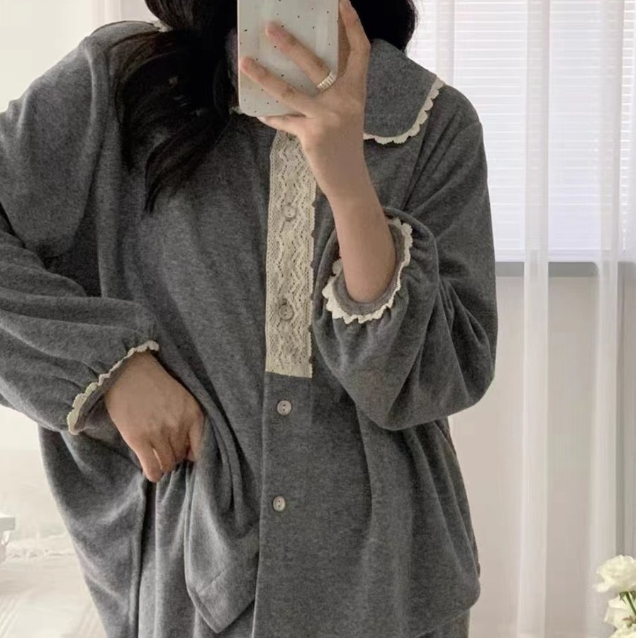 睡衣女棉春秋季可爱小翻领花边甜花减龄娃娃衫可外穿韩版家居服