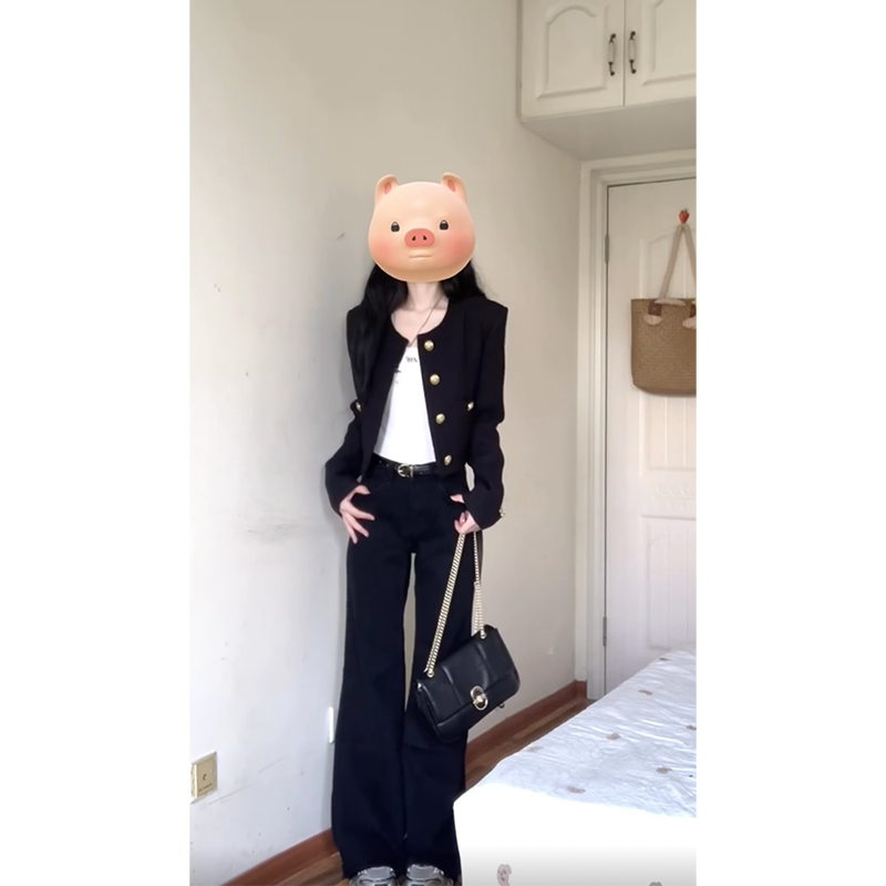 2024早秋季新款女士气质高级感圆领排扣长袖开衫高腰休闲直筒裤